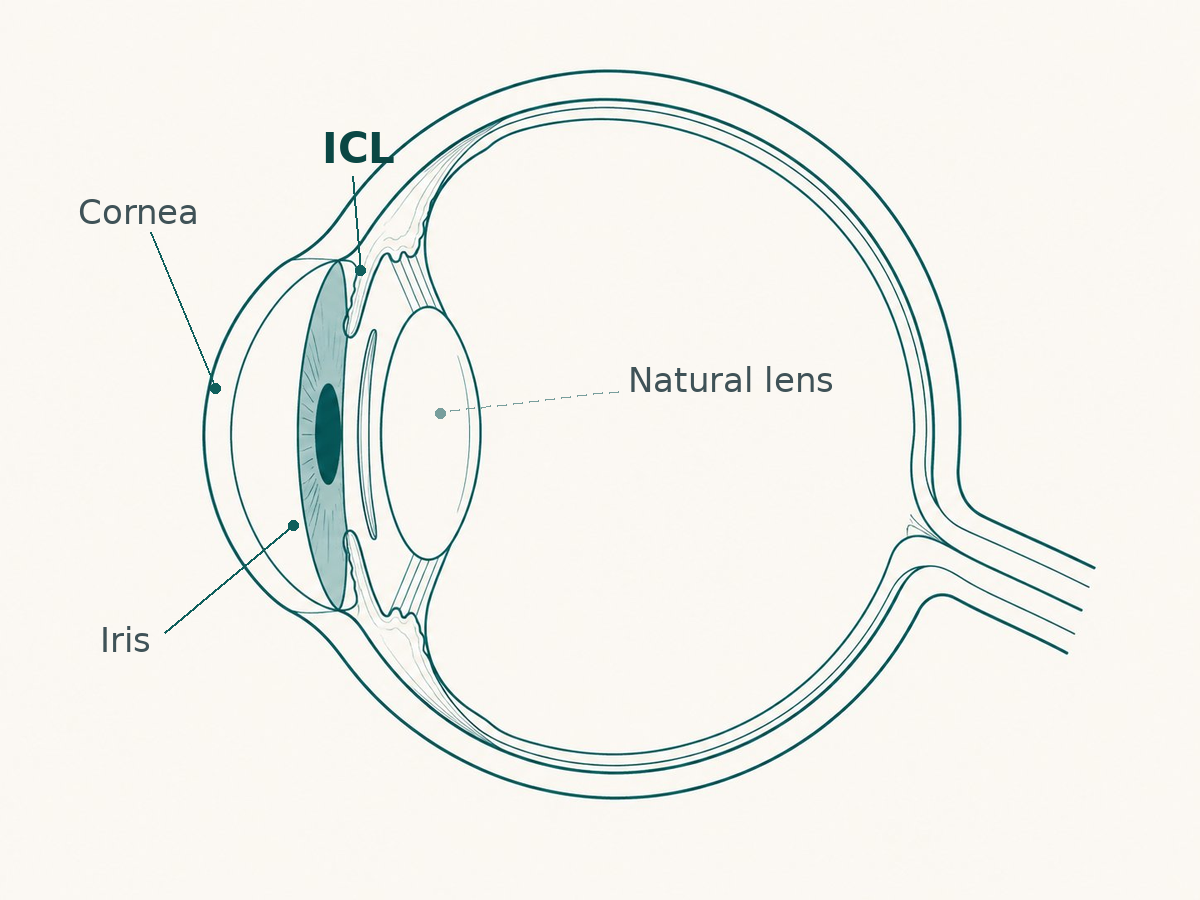 Cross-section of the eye: the ICL sits behind the iris and in front of the natural lens