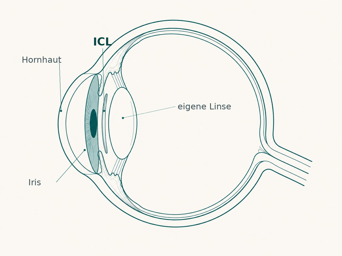 Querschnitt des Auges: die ICL sitzt hinter der Iris und vor der eigenen Linse