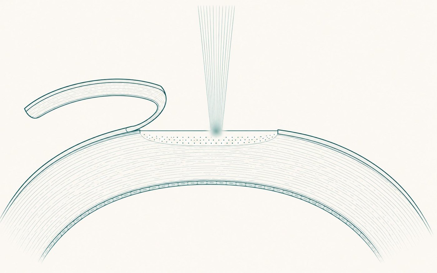Schematische Darstellung der Femto-LASIK: ein dünner Hornhautdeckel (Flap) ist zurückgeklappt, darunter modelliert der Laser die Hornhaut.